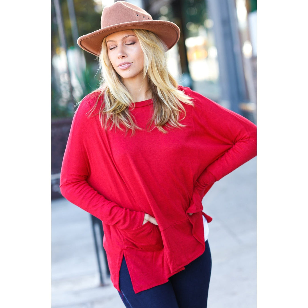 Going My Way Red Hacci Dolman Pocketed Sweater Top