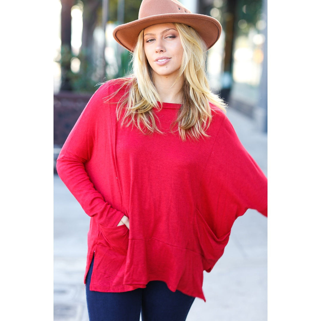 Going My Way Red Hacci Dolman Pocketed Sweater Top