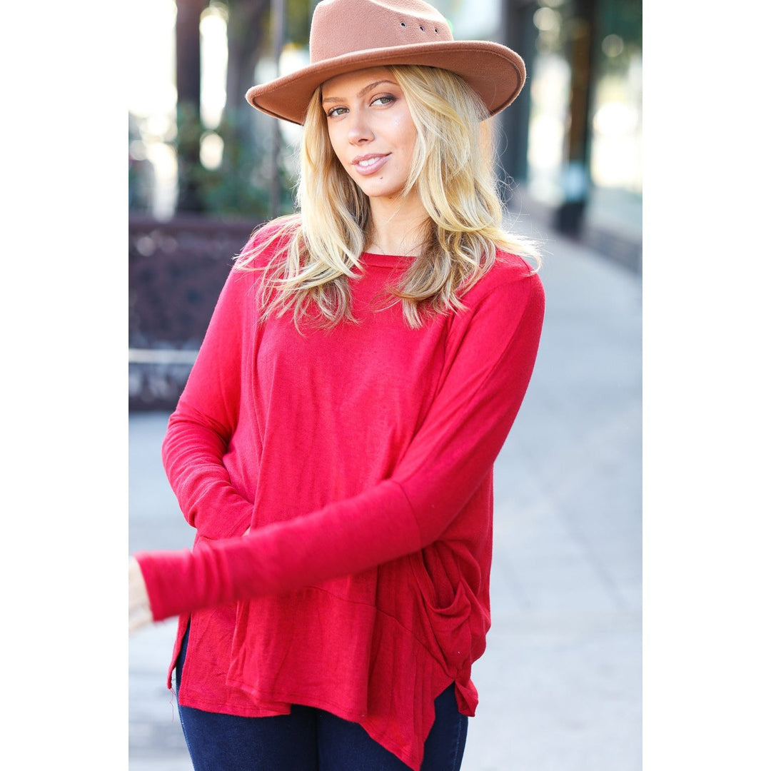 Going My Way Red Hacci Dolman Pocketed Sweater Top