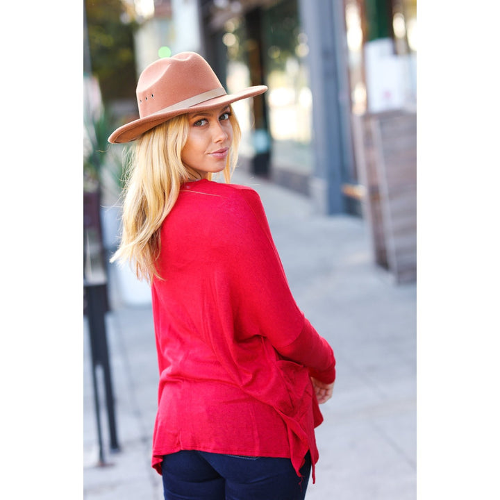 Going My Way Red Hacci Dolman Pocketed Sweater Top