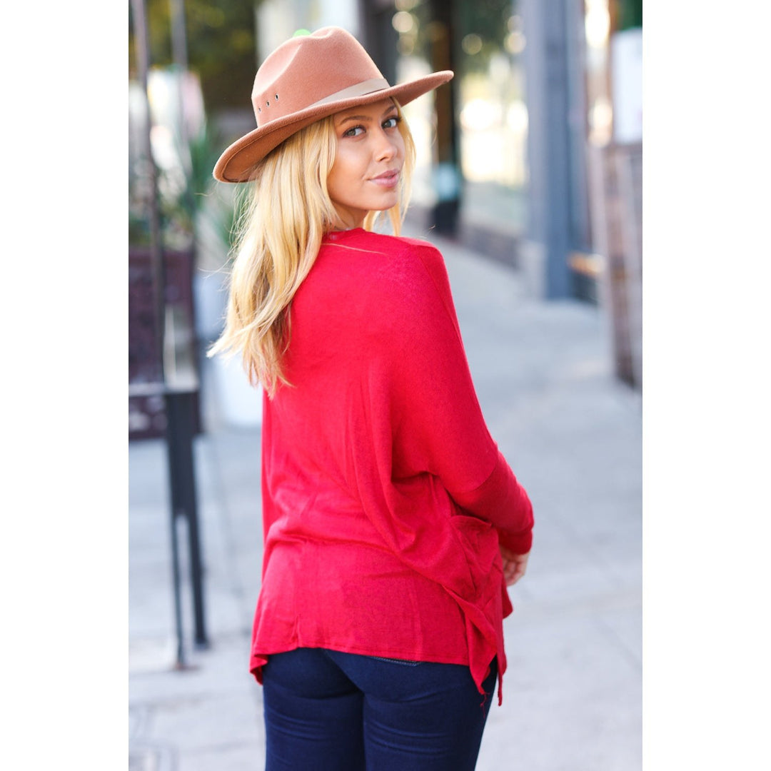 Going My Way Red Hacci Dolman Pocketed Sweater Top