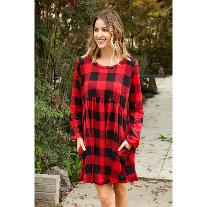 Plaid Babydoll Midi Swing Dress with Pockets