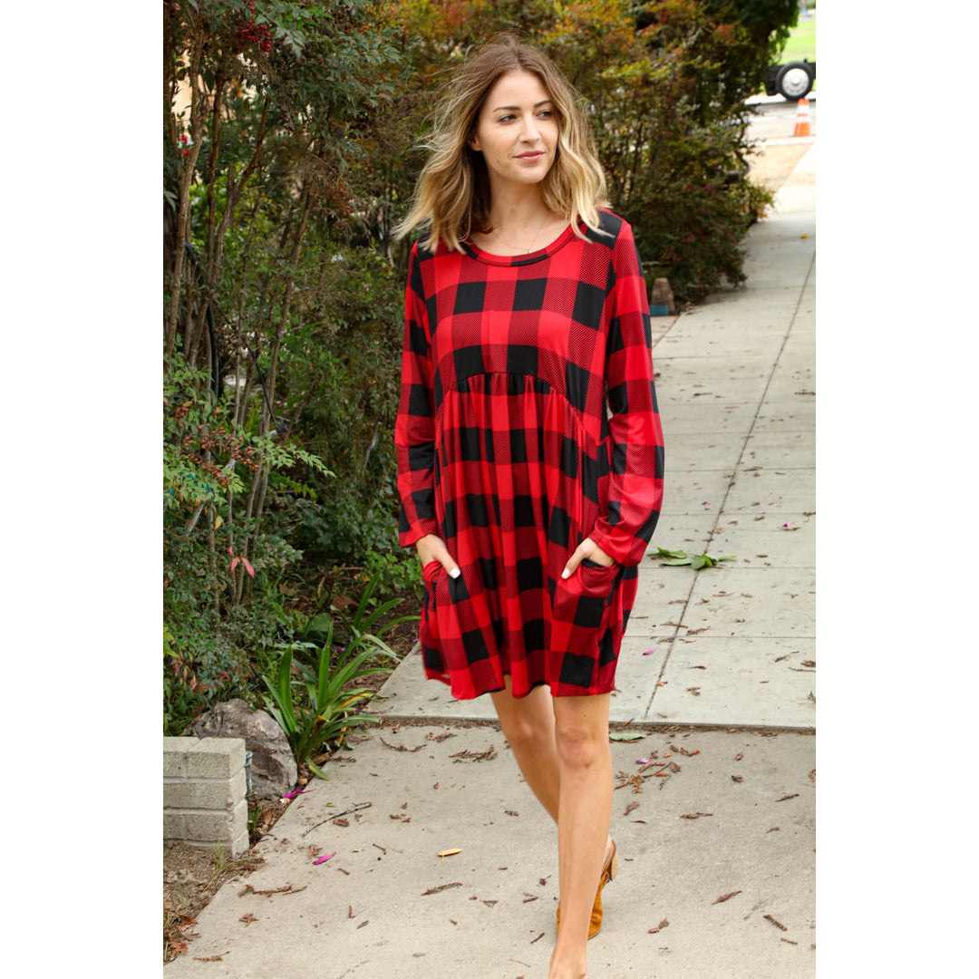 Plaid Babydoll Midi Swing Dress with Pockets