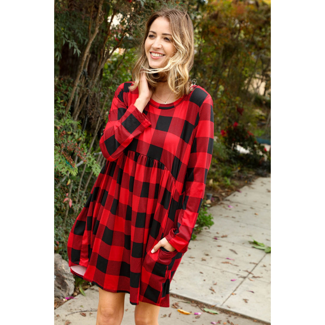 Plaid Babydoll Midi Swing Dress with Pockets