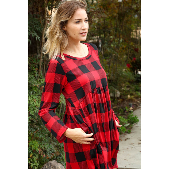 Plaid Babydoll Midi Swing Dress with Pockets