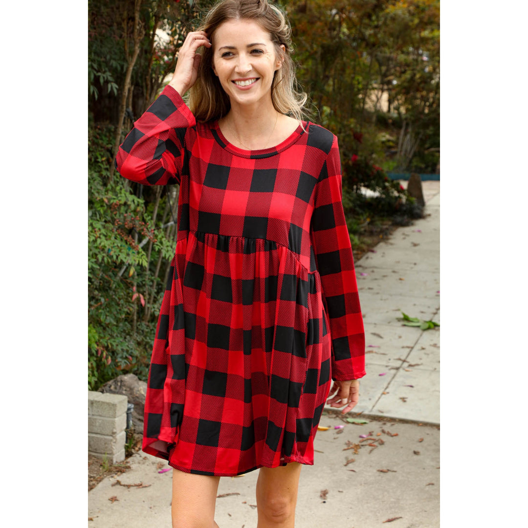 Plaid Babydoll Midi Swing Dress with Pockets