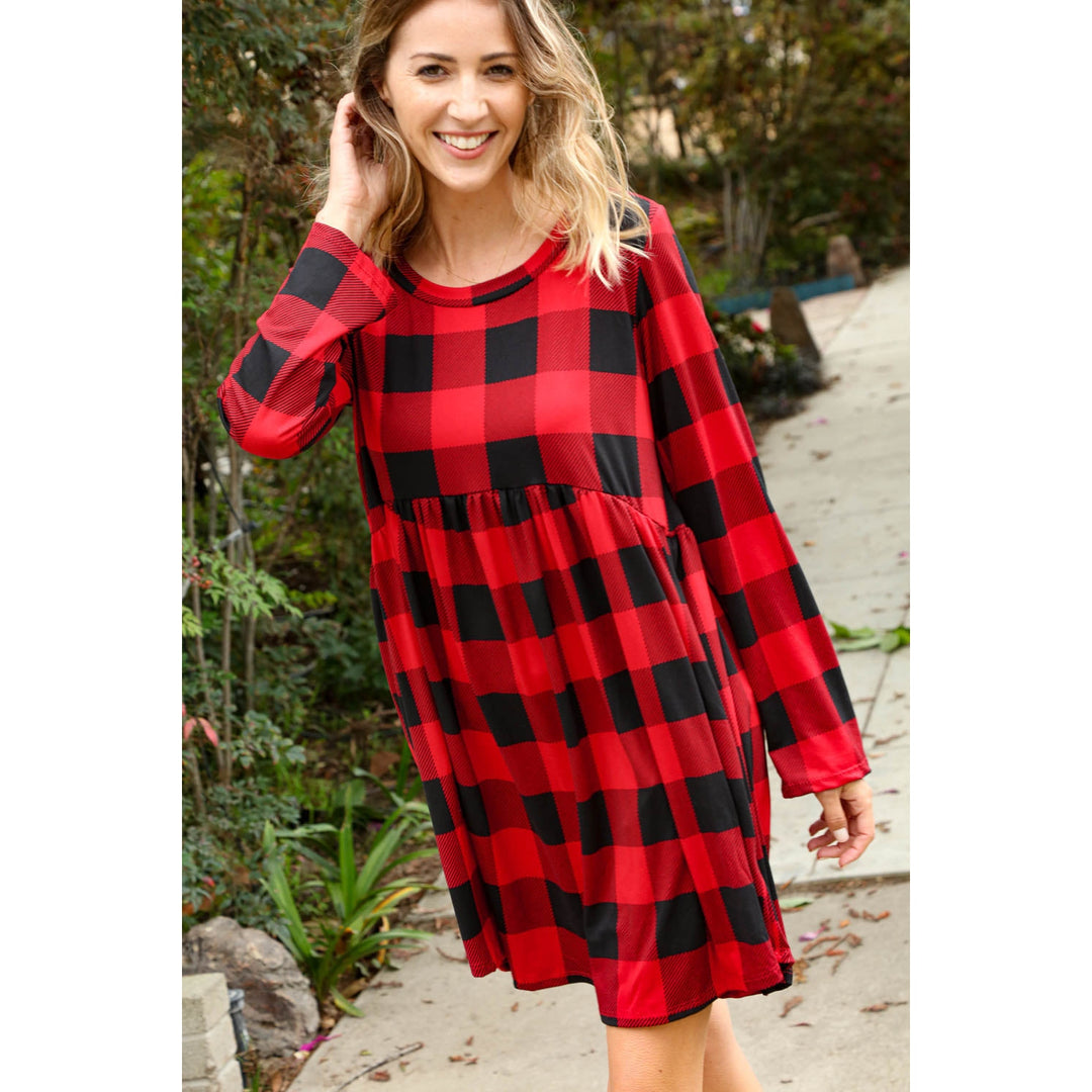 Plaid Babydoll Midi Swing Dress with Pockets