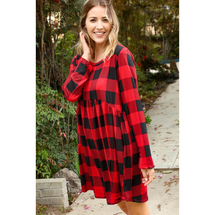 Plaid Babydoll Midi Swing Dress with Pockets