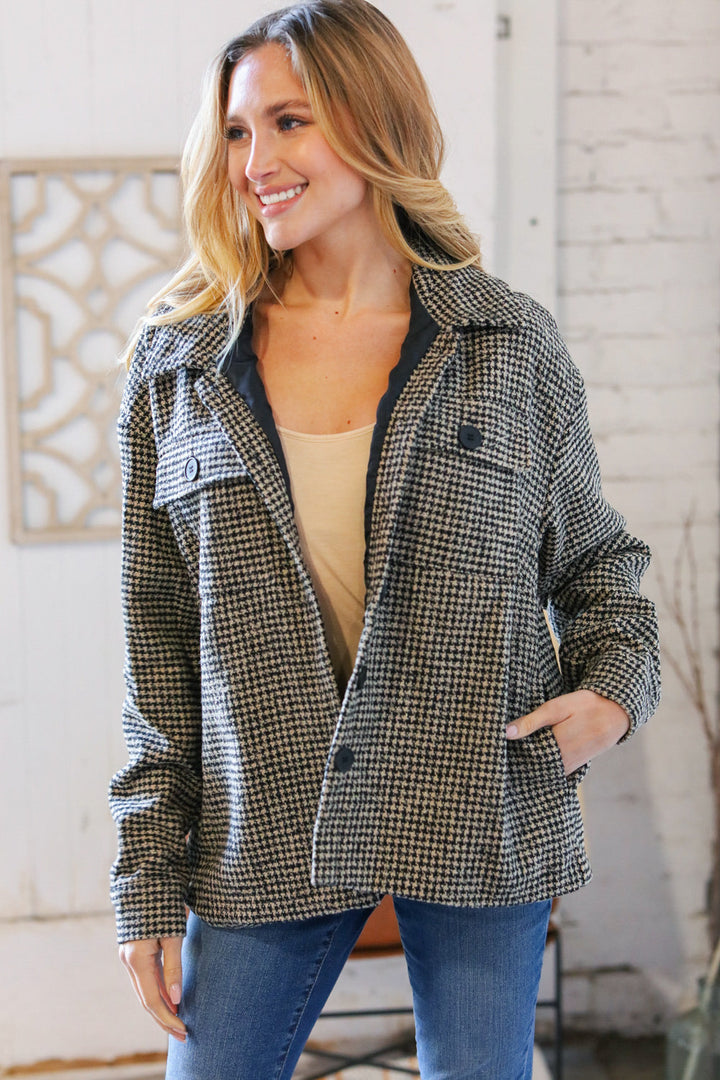 Collared Houndstooth Button Down Wool Blend Jacket