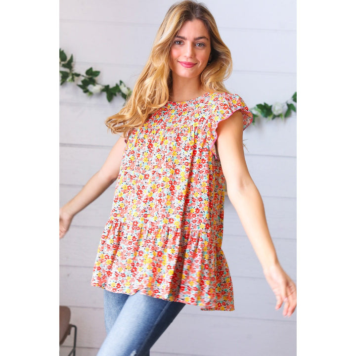 Sunset Floral Print Ruffle Tiered Keyhole Top