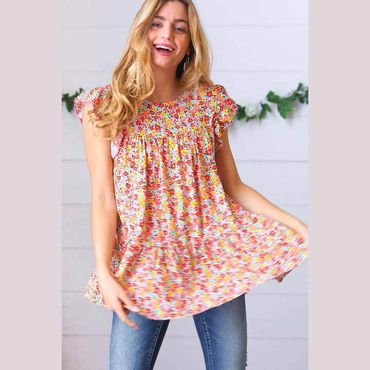 Sunset Floral Print Ruffle Tiered Keyhole Top