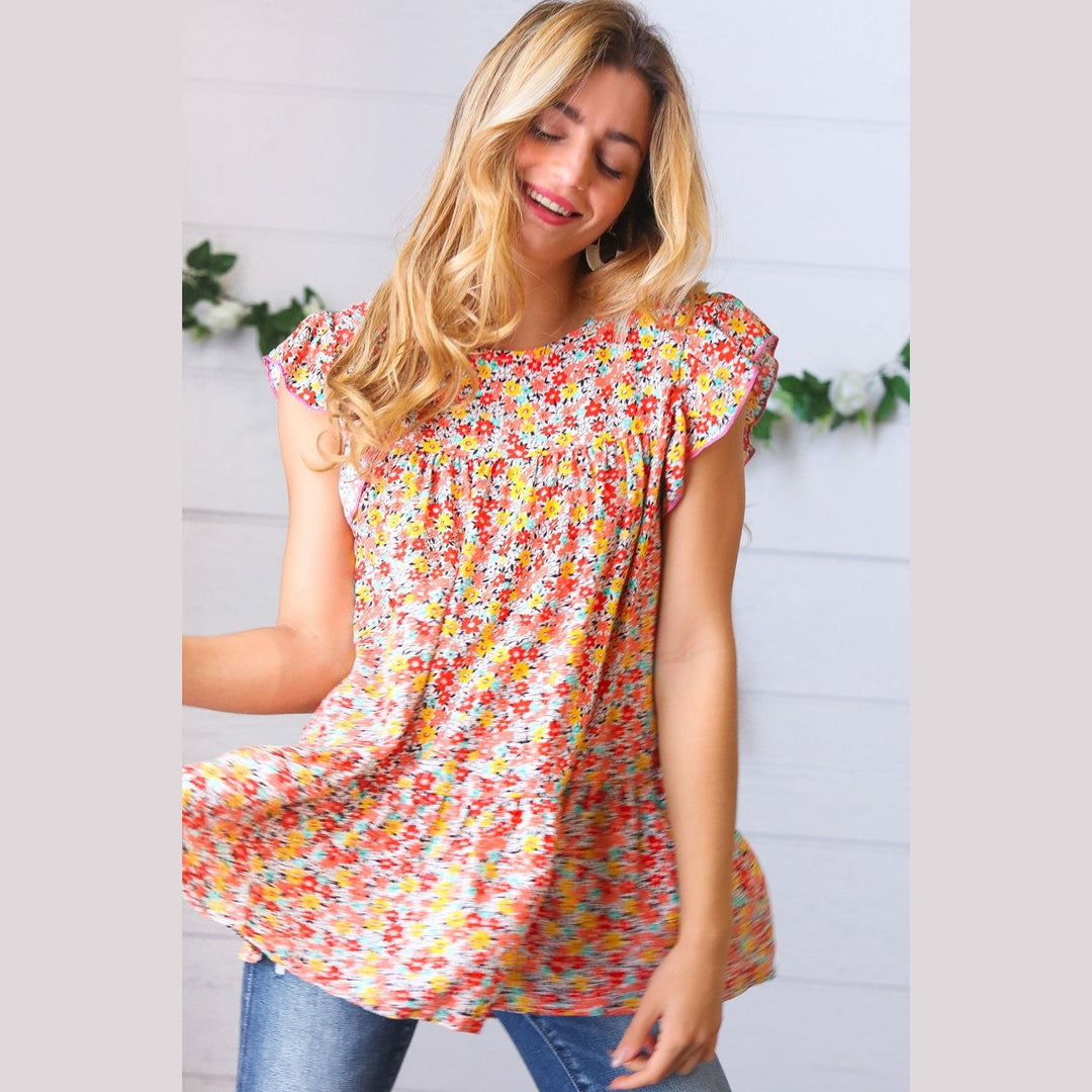 Sunset Floral Print Ruffle Tiered Keyhole Top