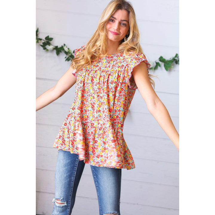 Sunset Floral Print Ruffle Tiered Keyhole Top