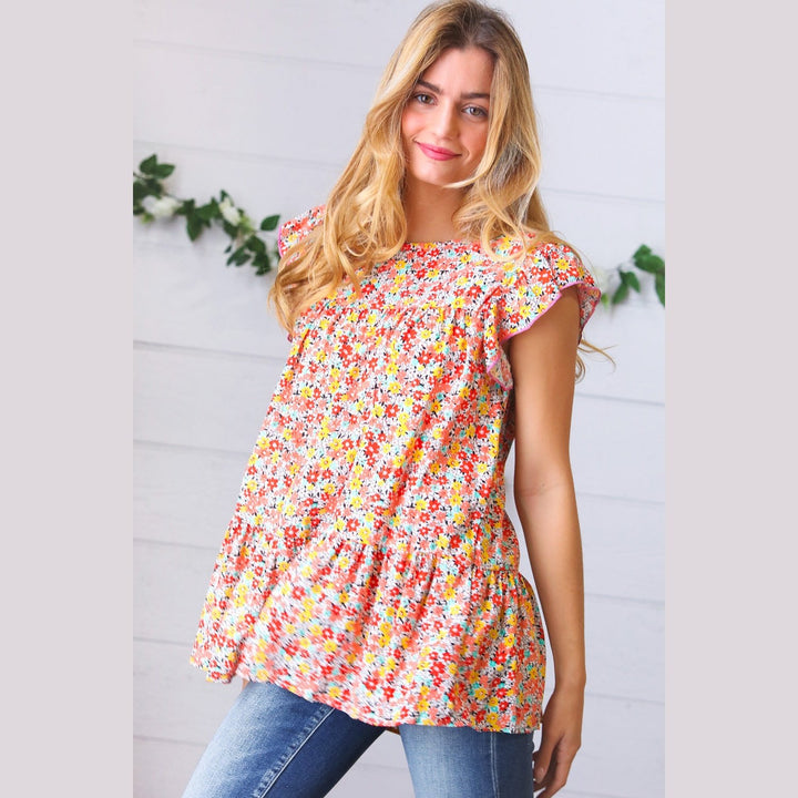 Sunset Floral Print Ruffle Tiered Keyhole Top