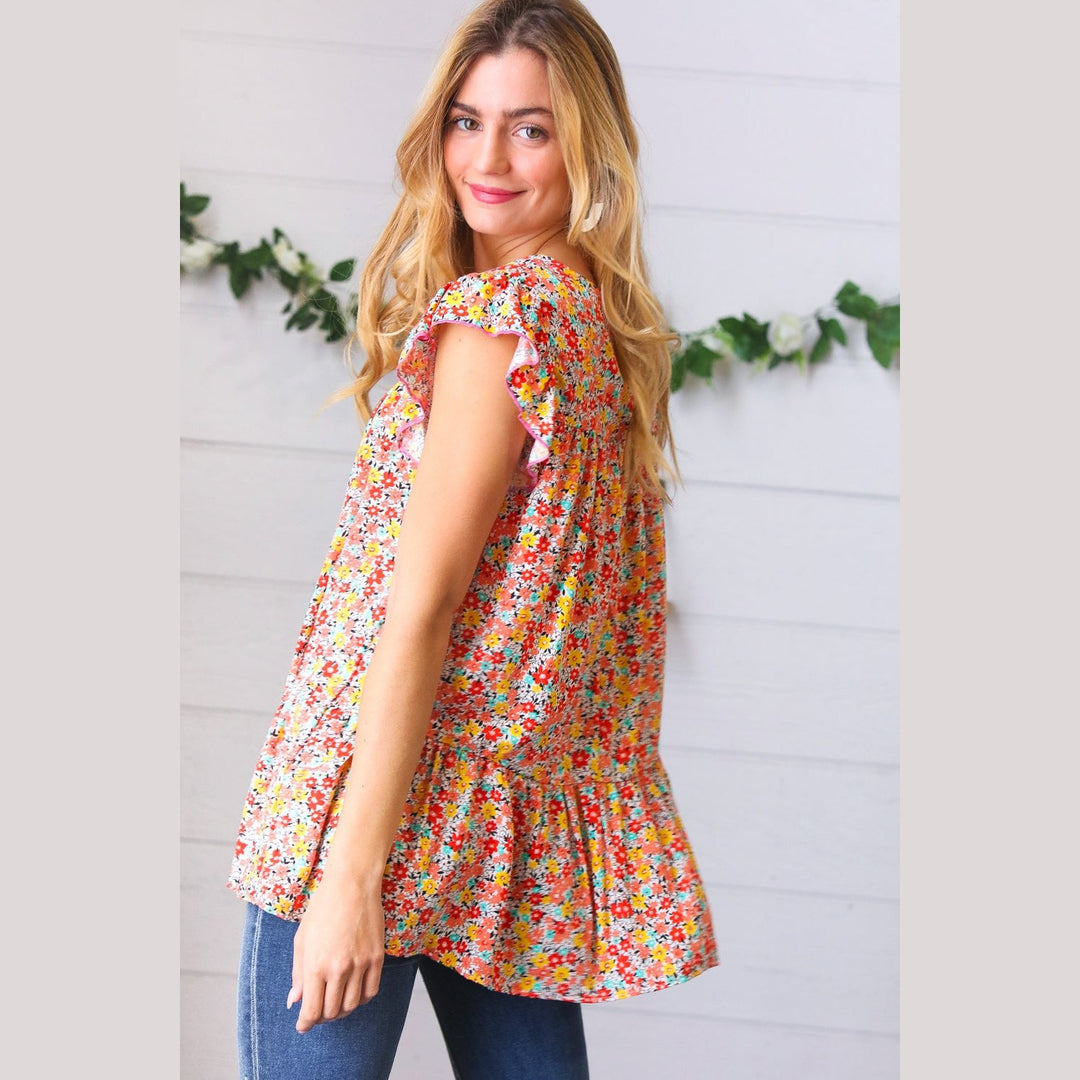 Sunset Floral Print Ruffle Tiered Keyhole Top