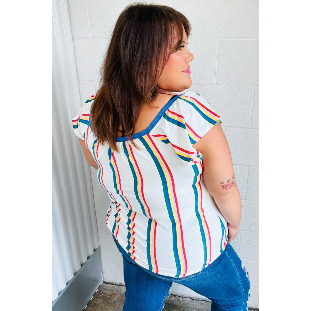 Multicolor Striped Raglan Flutter Sleeve Top