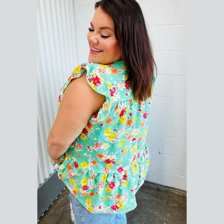 Mint Floral Yoke Flutter Sleeve Keyhole Back Top