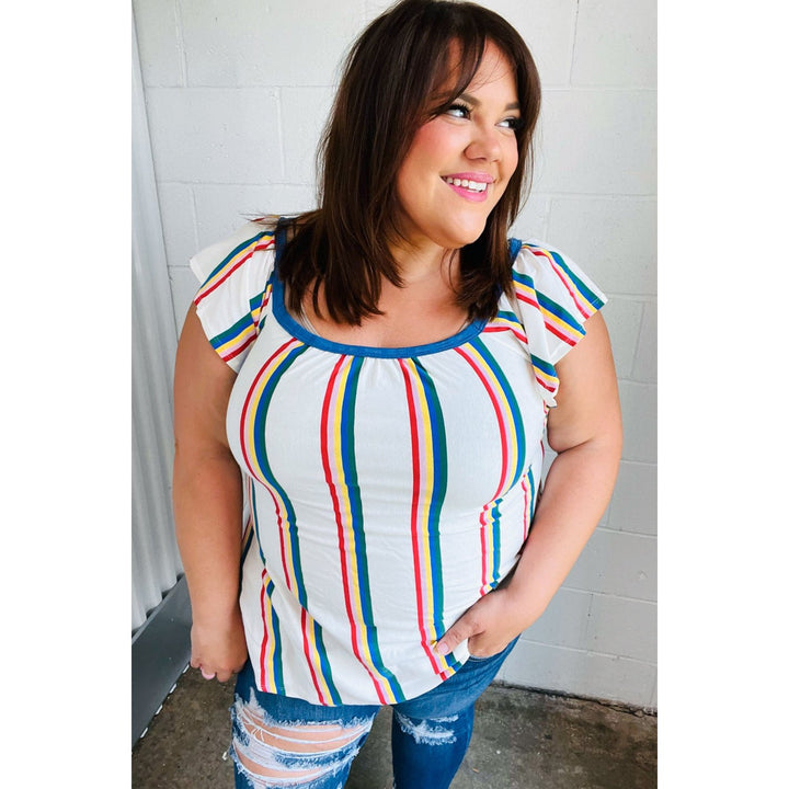 Multicolor Striped Raglan Flutter Sleeve Top