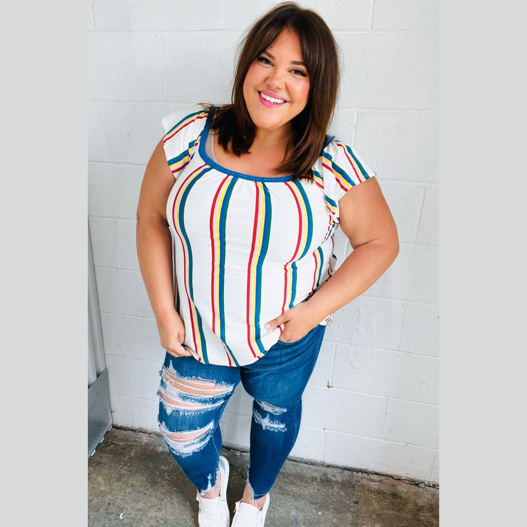 Multicolor Striped Raglan Flutter Sleeve Top