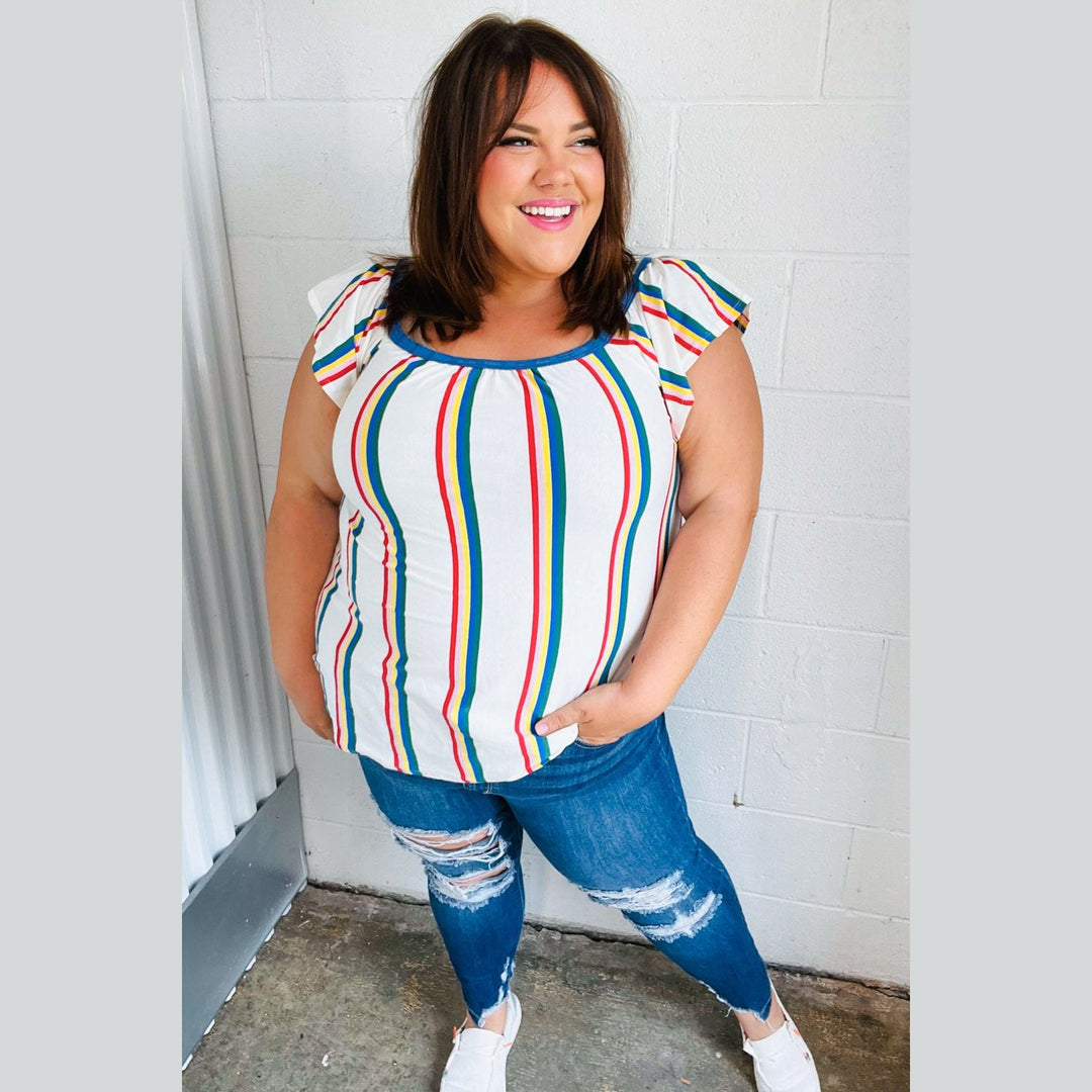 Multicolor Striped Raglan Flutter Sleeve Top