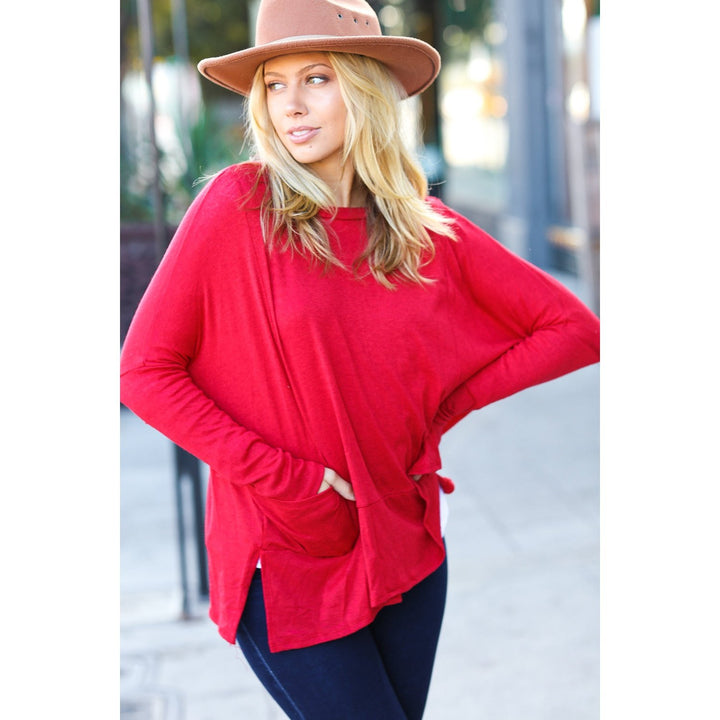 Going My Way Red Hacci Dolman Pocketed Sweater Top