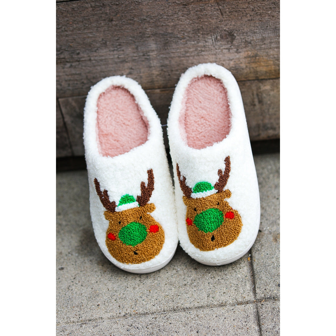 Holiday Reindeer Print Fleece Slippers