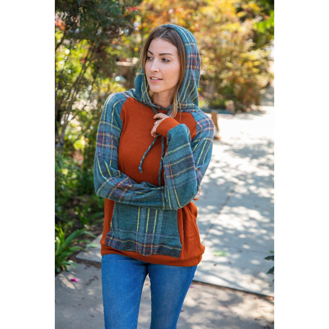 Rust Cashmere Feel Plaid Raglan Hoodie