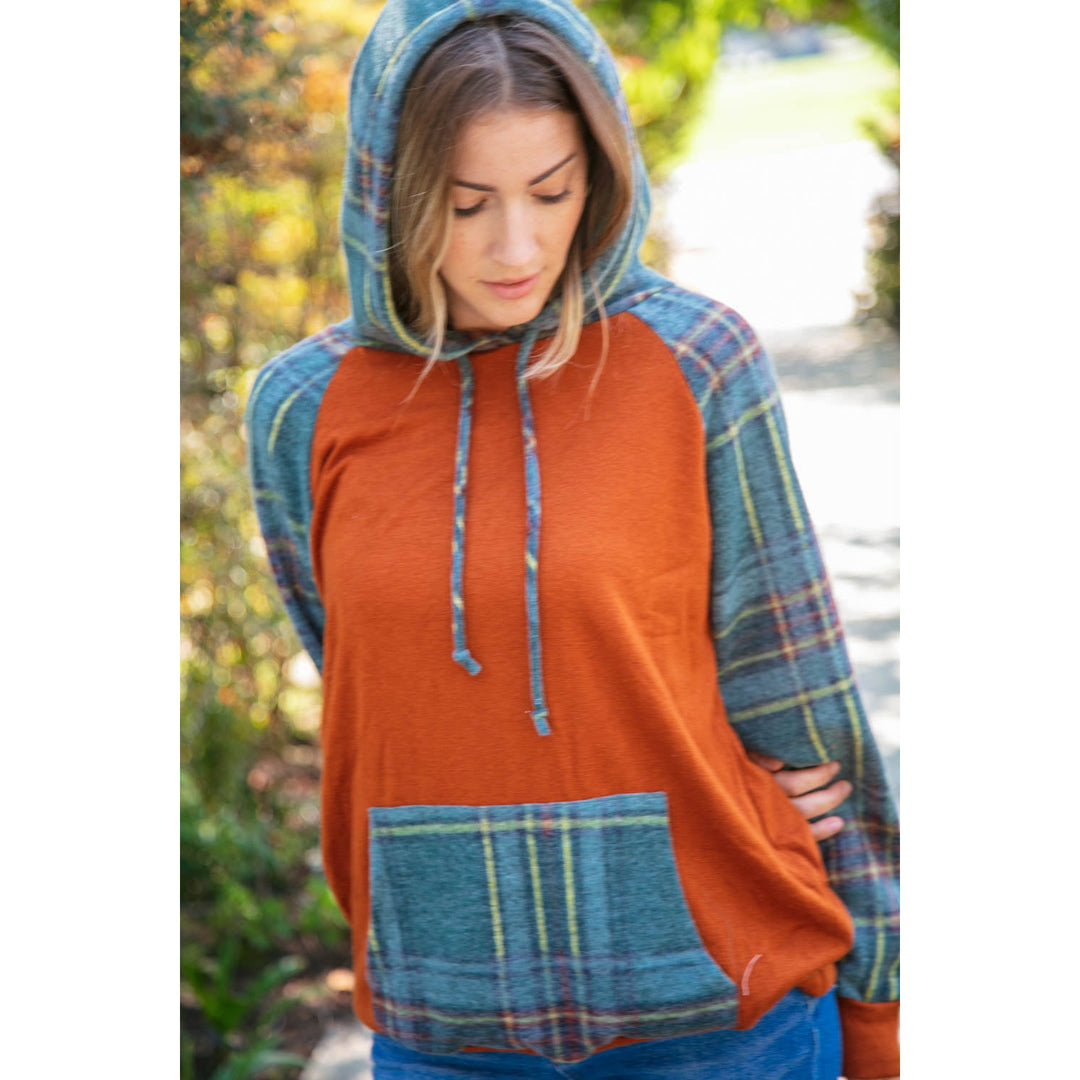 Rust Cashmere Feel Plaid Raglan Hoodie