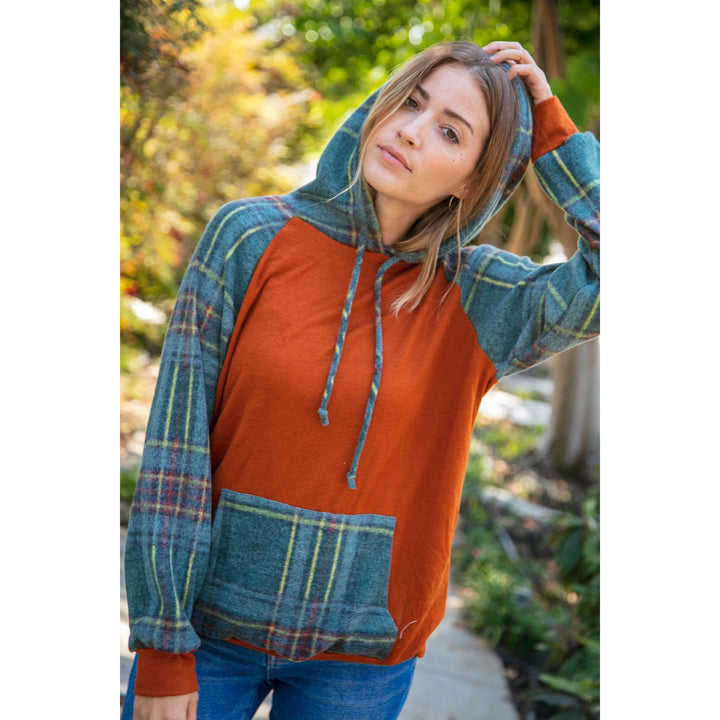 Rust Cashmere Feel Plaid Raglan Hoodie