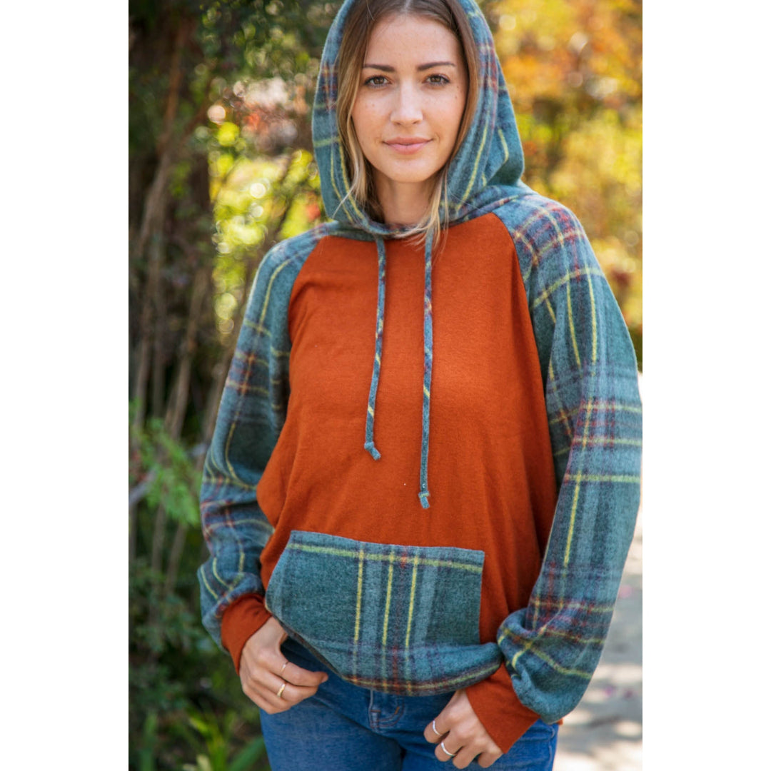 Rust Cashmere Feel Plaid Raglan Hoodie