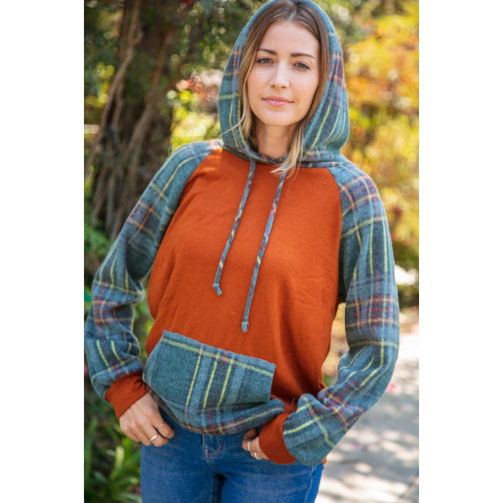 Rust Cashmere Feel Plaid Raglan Hoodie