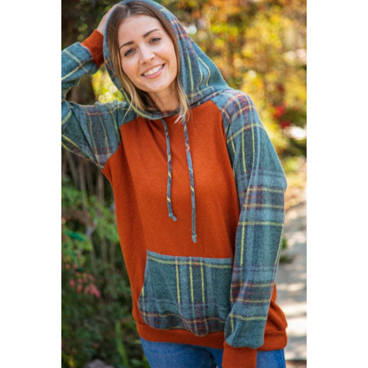 Rust Cashmere Feel Plaid Raglan Hoodie