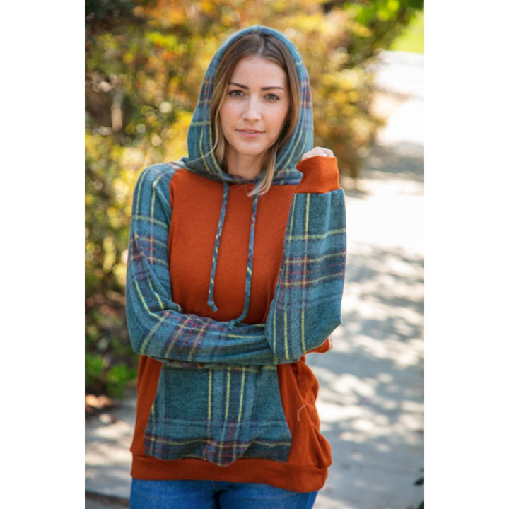 Rust Cashmere Feel Plaid Raglan Hoodie