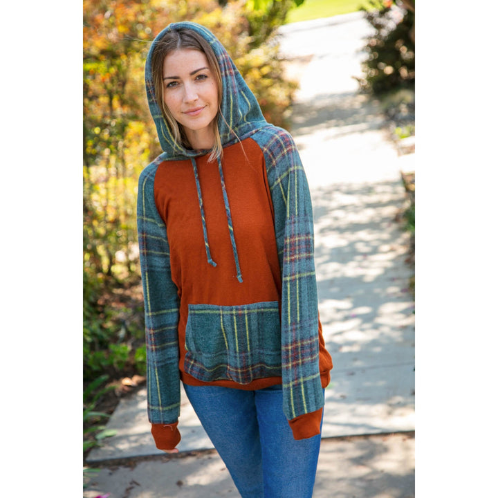 Rust Cashmere Feel Plaid Raglan Hoodie