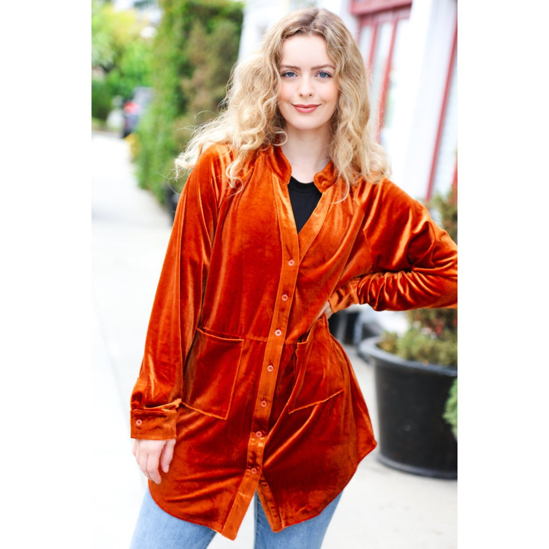 Dazzling Rust Velvet Button Down Tunic Top