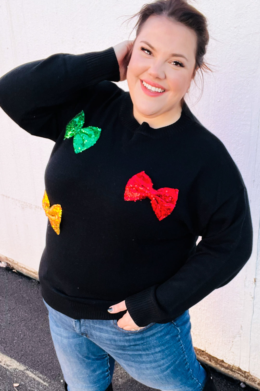 Be Merry Black Multicolor Sequin Bow Knit Sweater