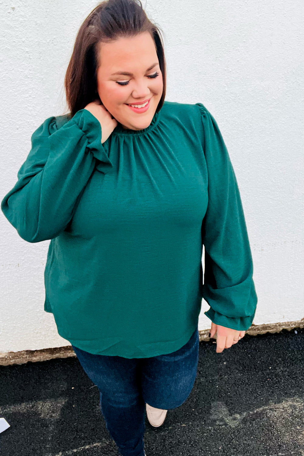 Be Merry Hunter Green Frill Mock Neck Crinkle Top