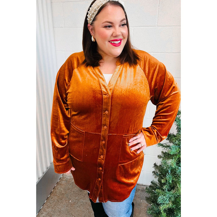 Dazzling Rust Velvet Button Down Tunic Top