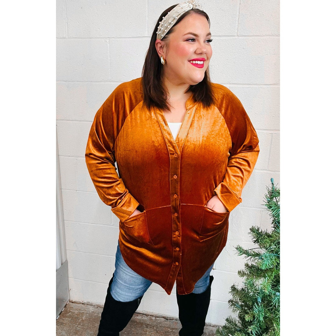 Dazzling Rust Velvet Button Down Tunic Top