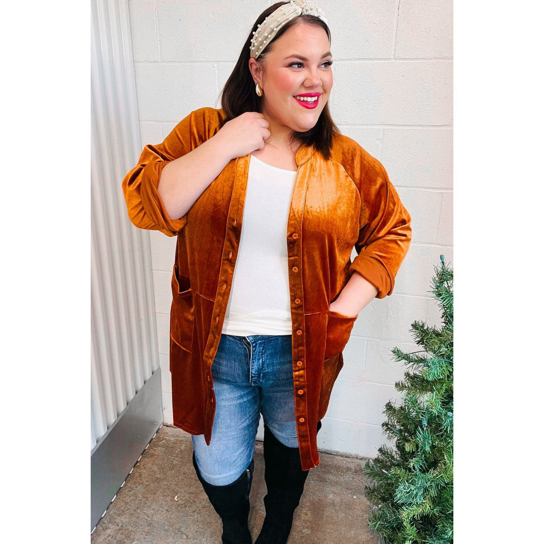 Dazzling Rust Velvet Button Down Tunic Top