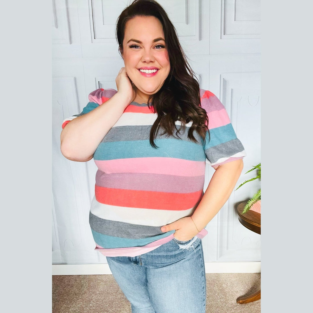 Look Out Teal & Rose Striped Hacci Knit Puff Sleeve Top