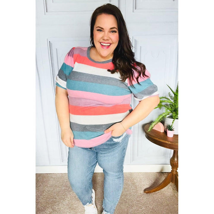 Look Out Teal & Rose Striped Hacci Knit Puff Sleeve Top