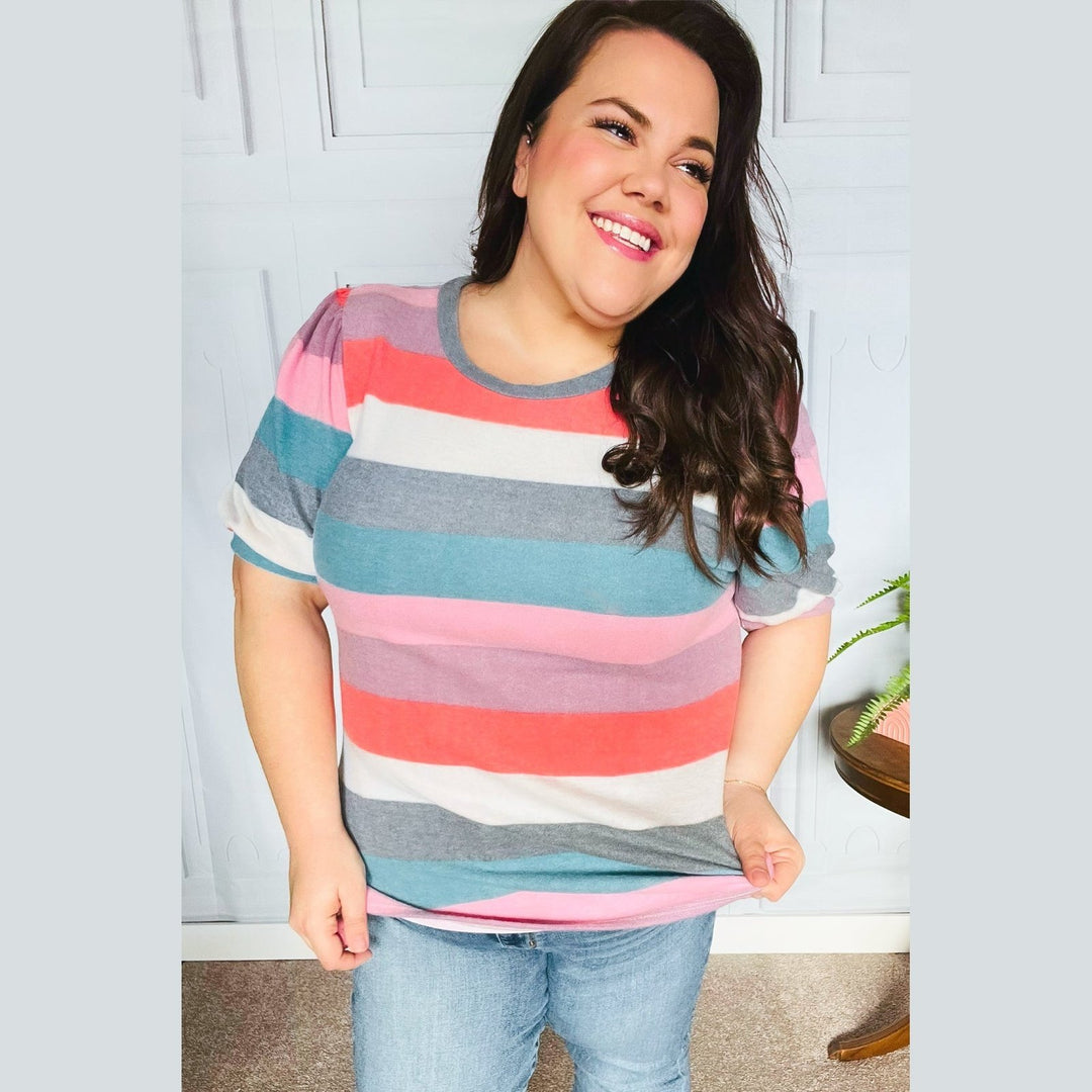 Look Out Teal & Rose Striped Hacci Knit Puff Sleeve Top