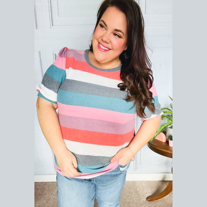 Look Out Teal & Rose Striped Hacci Knit Puff Sleeve Top