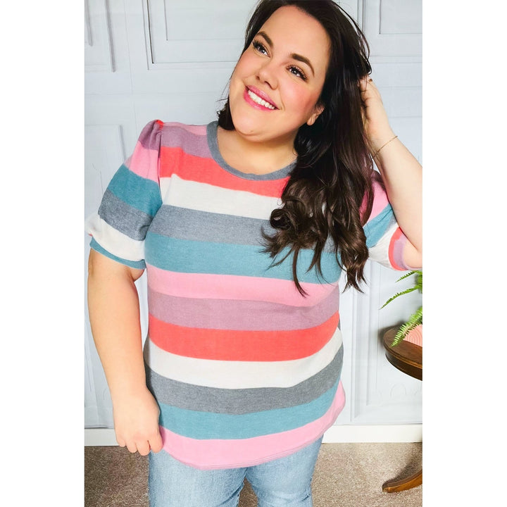 Look Out Teal & Rose Striped Hacci Knit Puff Sleeve Top