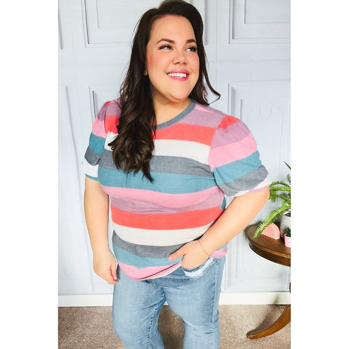 Look Out Teal & Rose Striped Hacci Knit Puff Sleeve Top