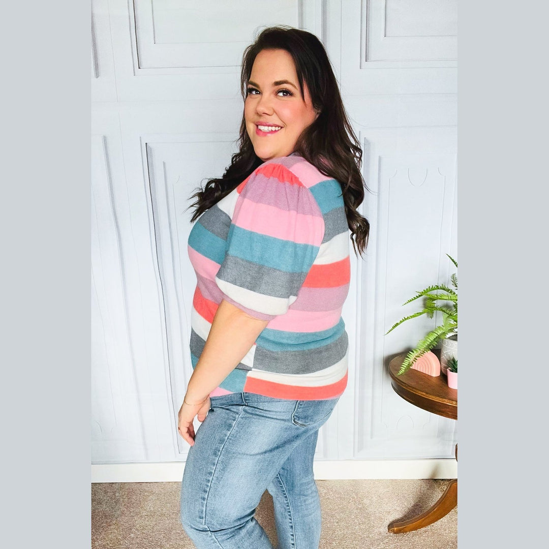 Look Out Teal & Rose Striped Hacci Knit Puff Sleeve Top