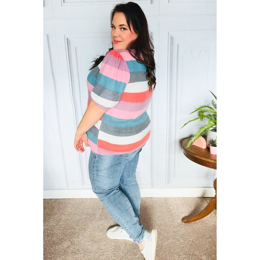 Look Out Teal & Rose Striped Hacci Knit Puff Sleeve Top