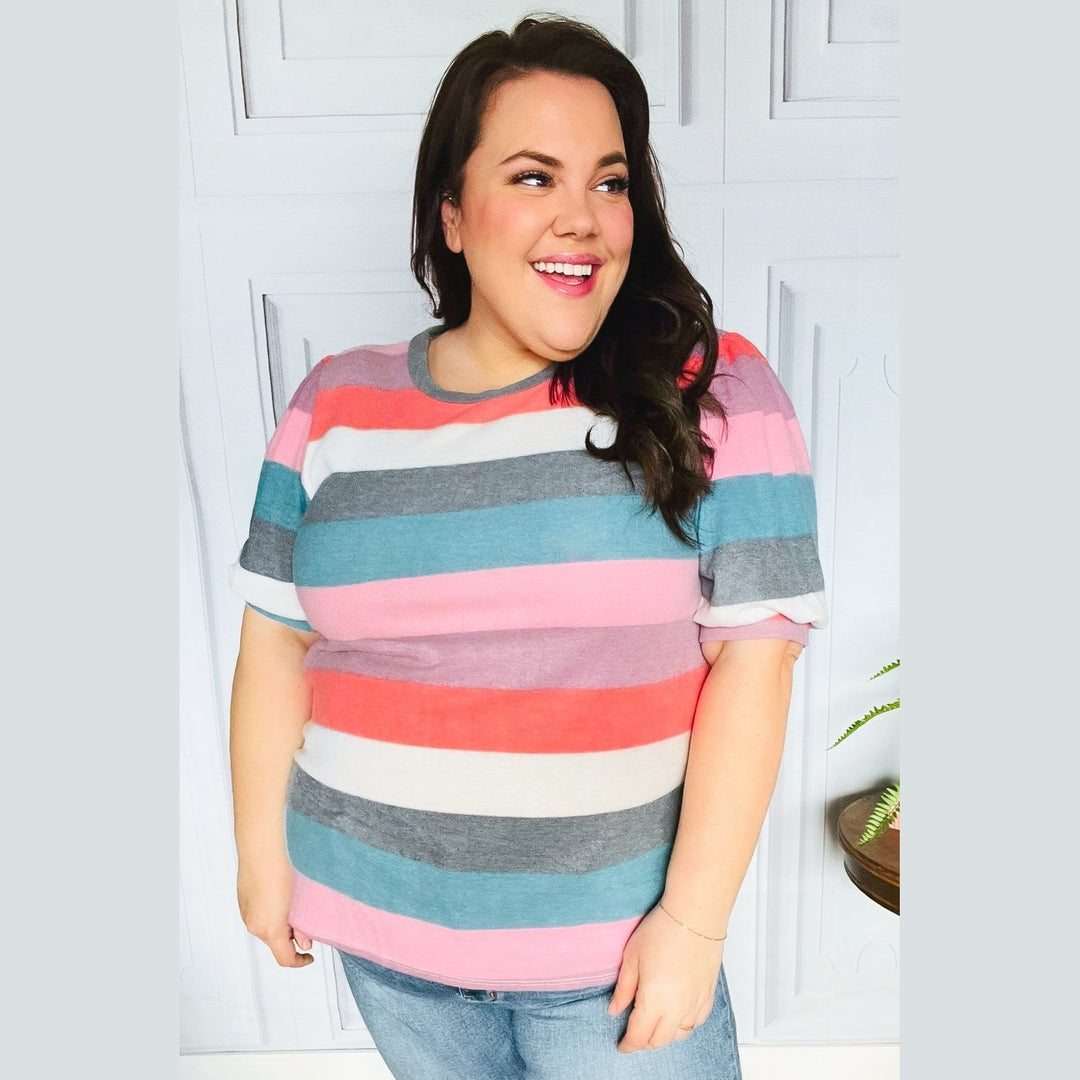 Look Out Teal & Rose Striped Hacci Knit Puff Sleeve Top