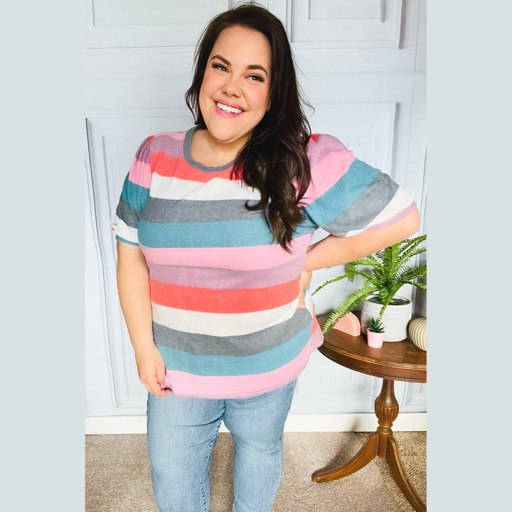 Look Out Teal & Rose Striped Hacci Knit Puff Sleeve Top